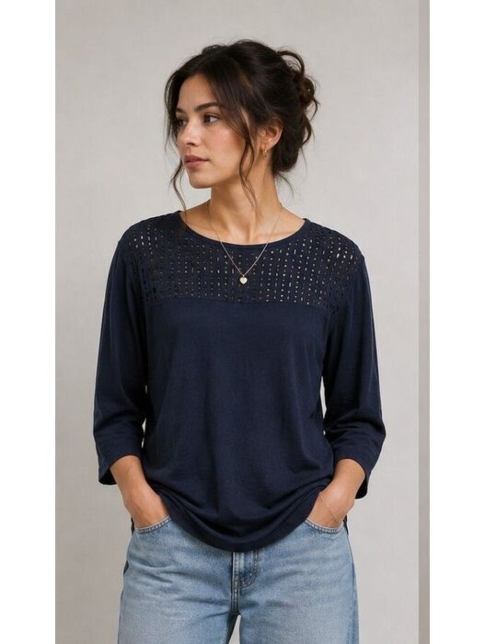 Croft & Barrow Women's Navy Blue Eyelet Detail Cotton Top XXL